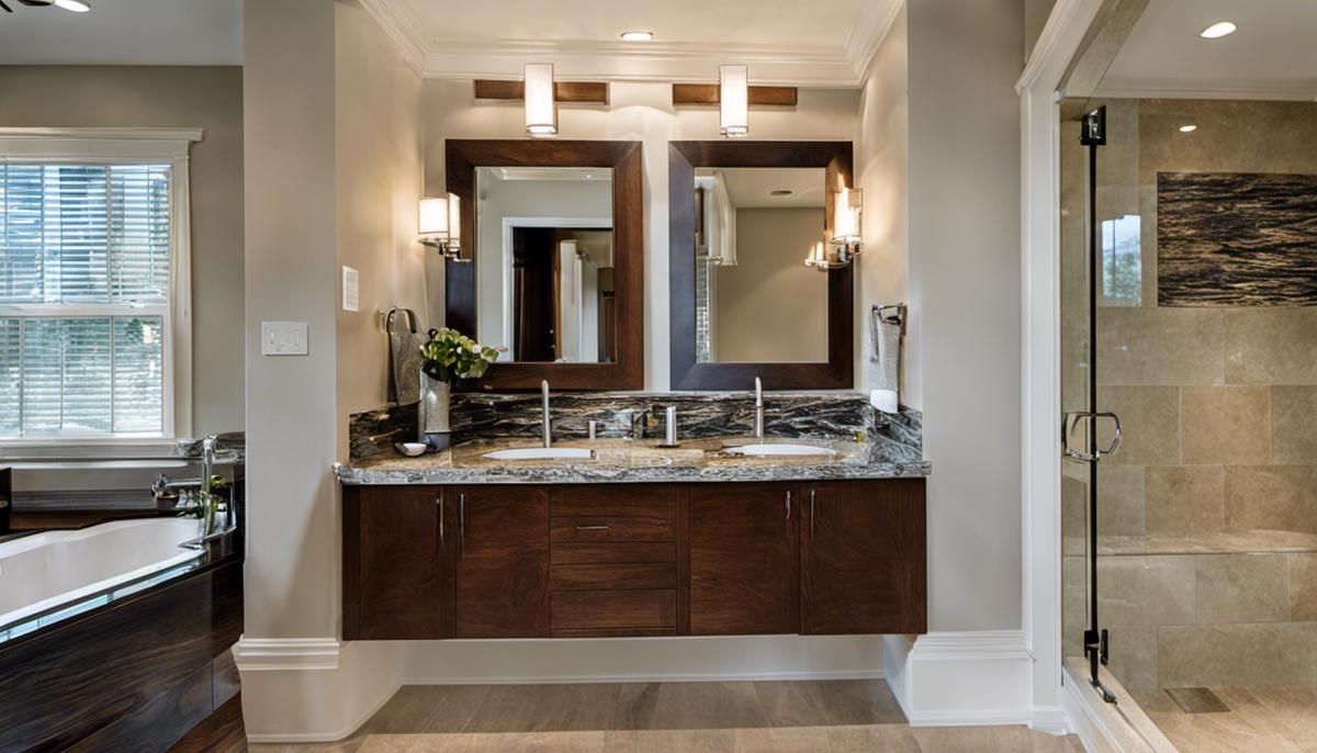 An image of different bathroom materials including tiles, granite countertops, and wooden cabinetry.