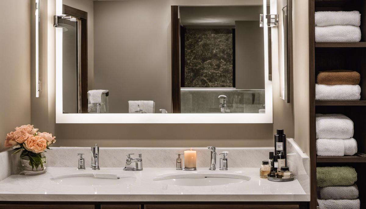 A photo showing a well-organized bathroom with neatly arranged toiletries, makeup, and towels.