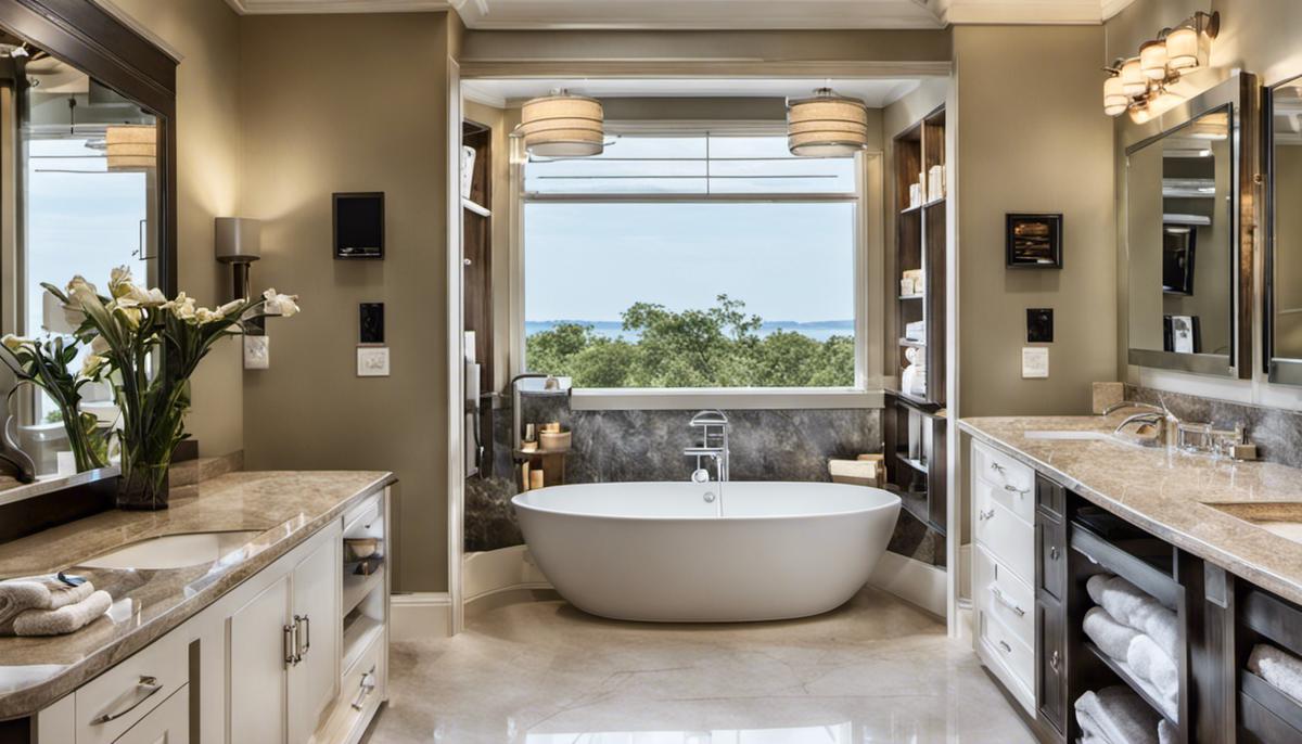 A well-organized bathroom with neatly arranged toiletries and towels, creating a clean and clutter-free space for a more relaxing and efficient bathroom experience.