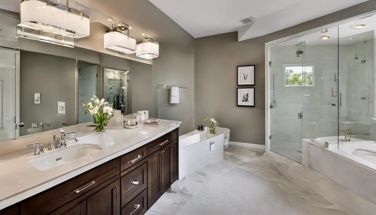 A beautifully renovated bathroom with modern fixtures and a spacious layout.