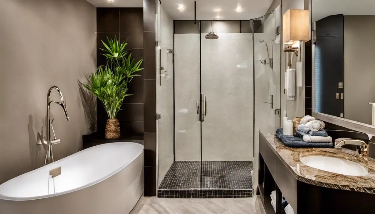 A beautifully renovated bathroom with modern tiles, a stylish sink, elegant faucets, and well-designed lighting fixtures.