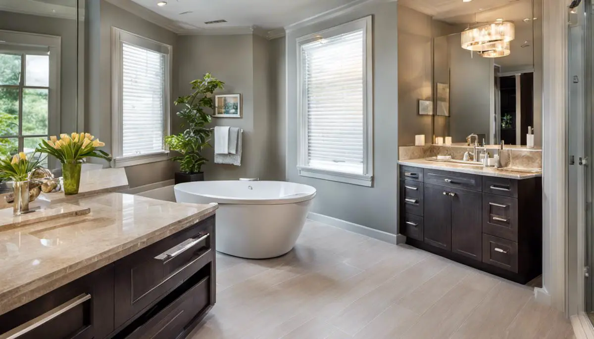 A visually appealing modern bathroom with stylish fixtures and a soothing color scheme.