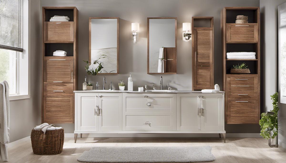 Image of a well-organized bathroom with cabinets, shelves, baskets, and hooks, showcasing effective space management and organization