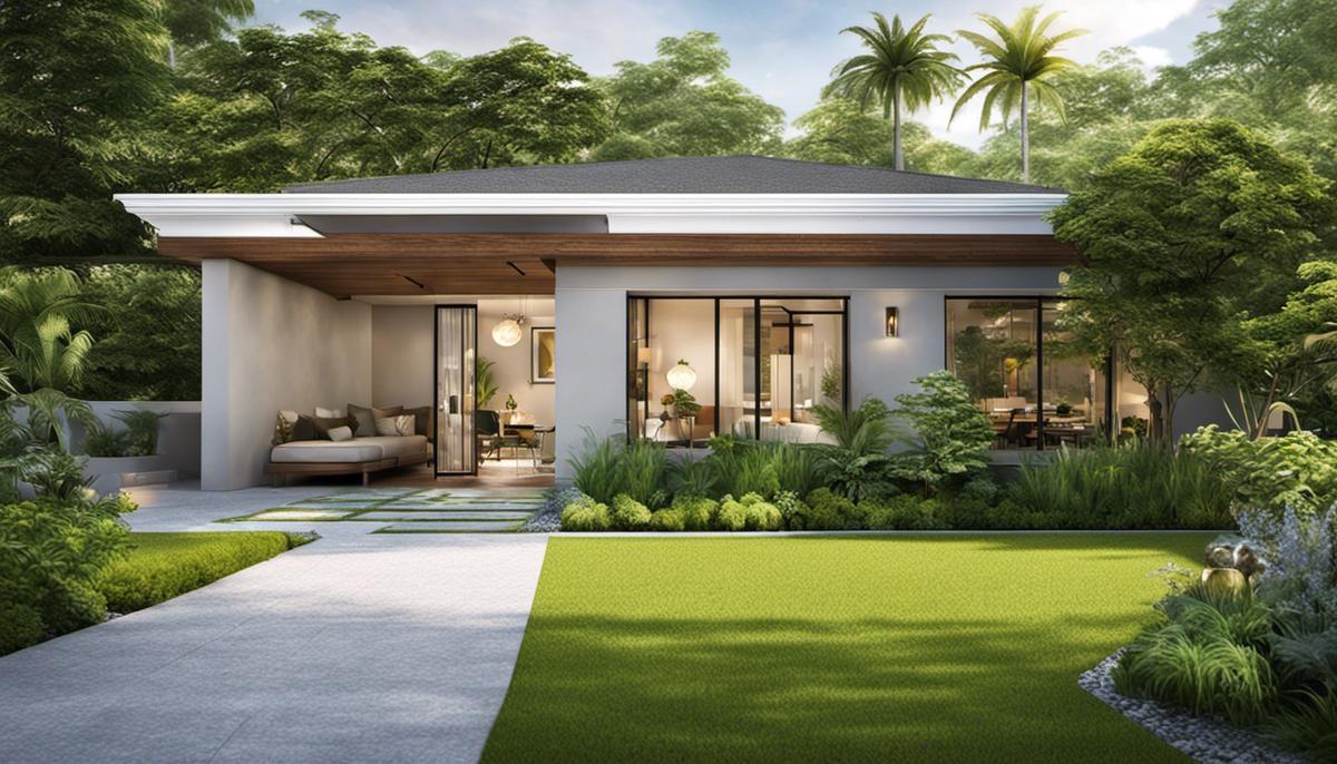 A serene garden view with lush green plants, natural lighting, and accents inspired by nature, creating a harmonious and inviting interior space.