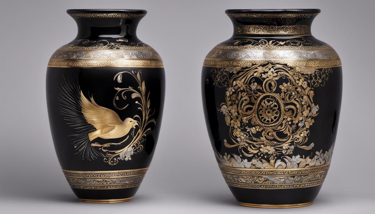 Black vase featuring intricate hand-painted gold and silver designs