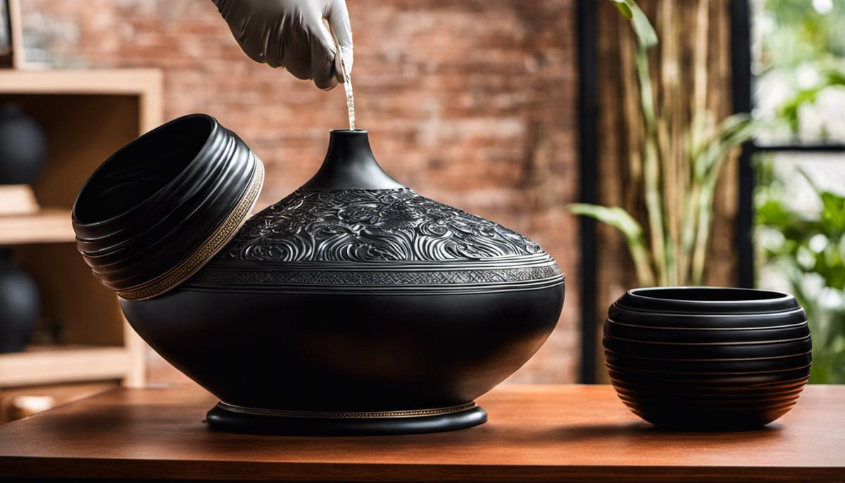 Image of a black vase being carefully cleaned and maintained