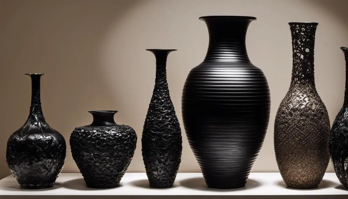 Various black vases displayed on a shelf