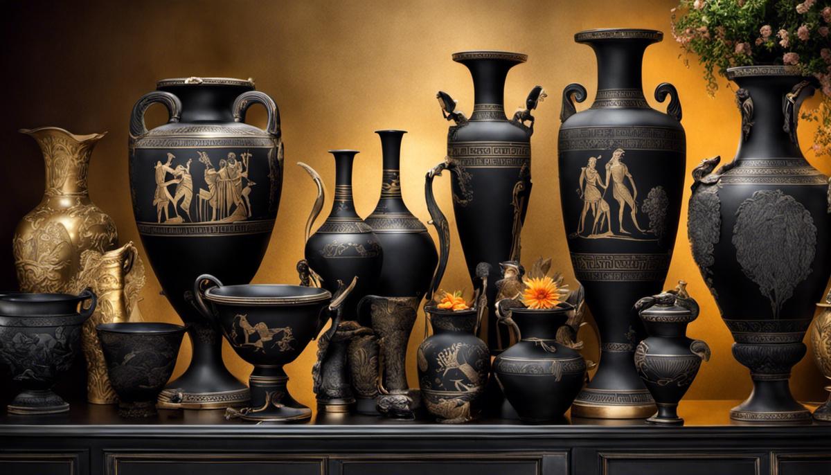 Image of black vases depicting scenes from Greek mythology