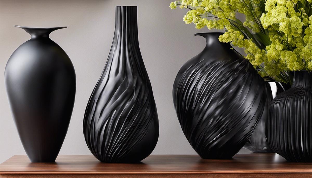 Black vases displayed on a shelf, showcasing their elegance and sophistication