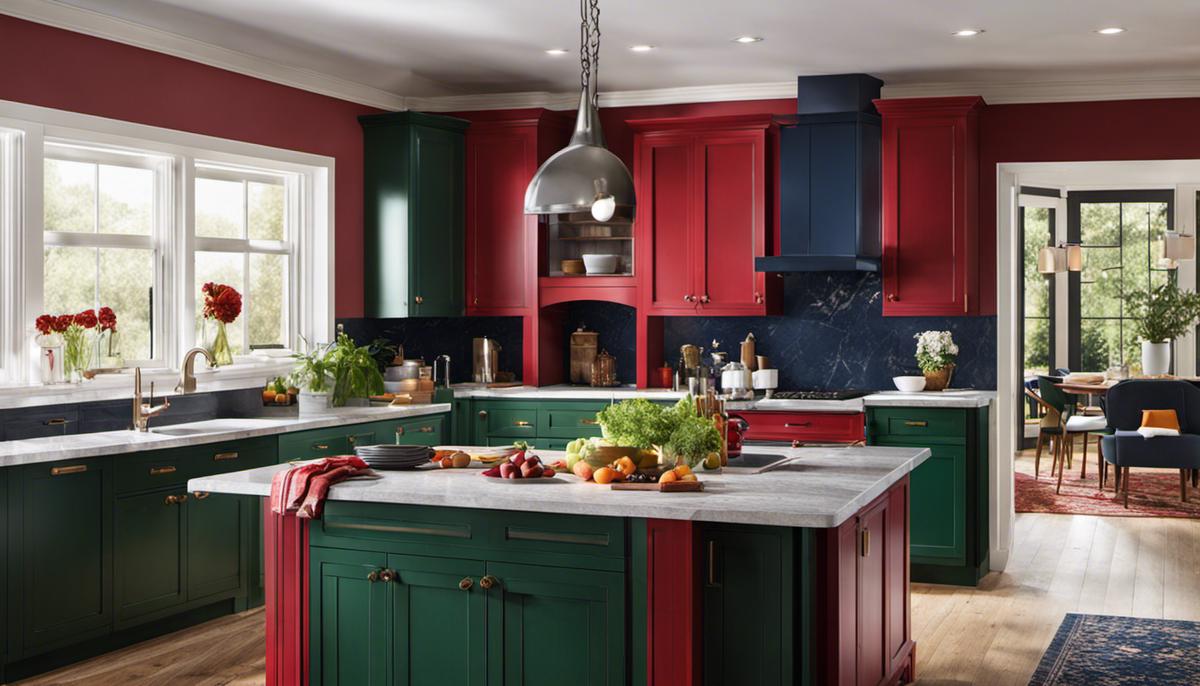 Image of a vibrant and colorful kitchen with splashes of navy blue, forest green, and deep red, reflecting the bold color trend for 2024 kitchens.