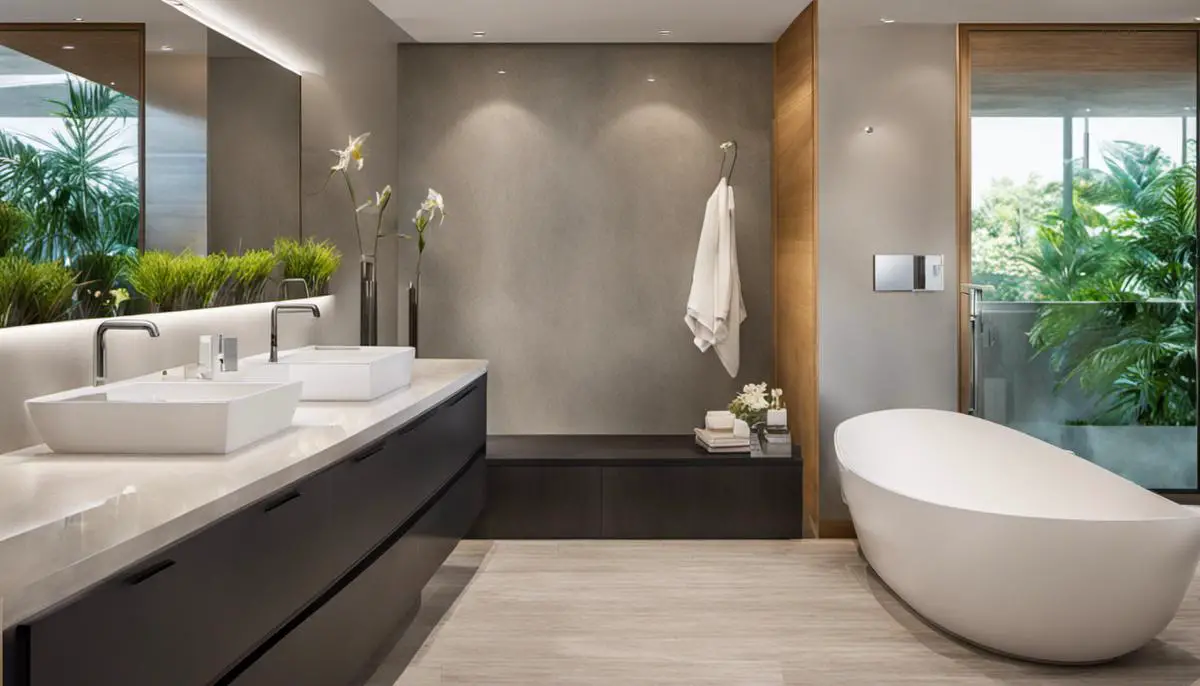 A bathroom with modern fixtures, sleek design, and bright color scheme to create an aesthetically pleasing space.