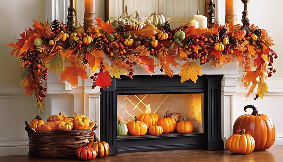 A vibrant fall leaf garland adorned with faux berries, small pumpkins, and ribbons, creating a beautiful autumn decoration.