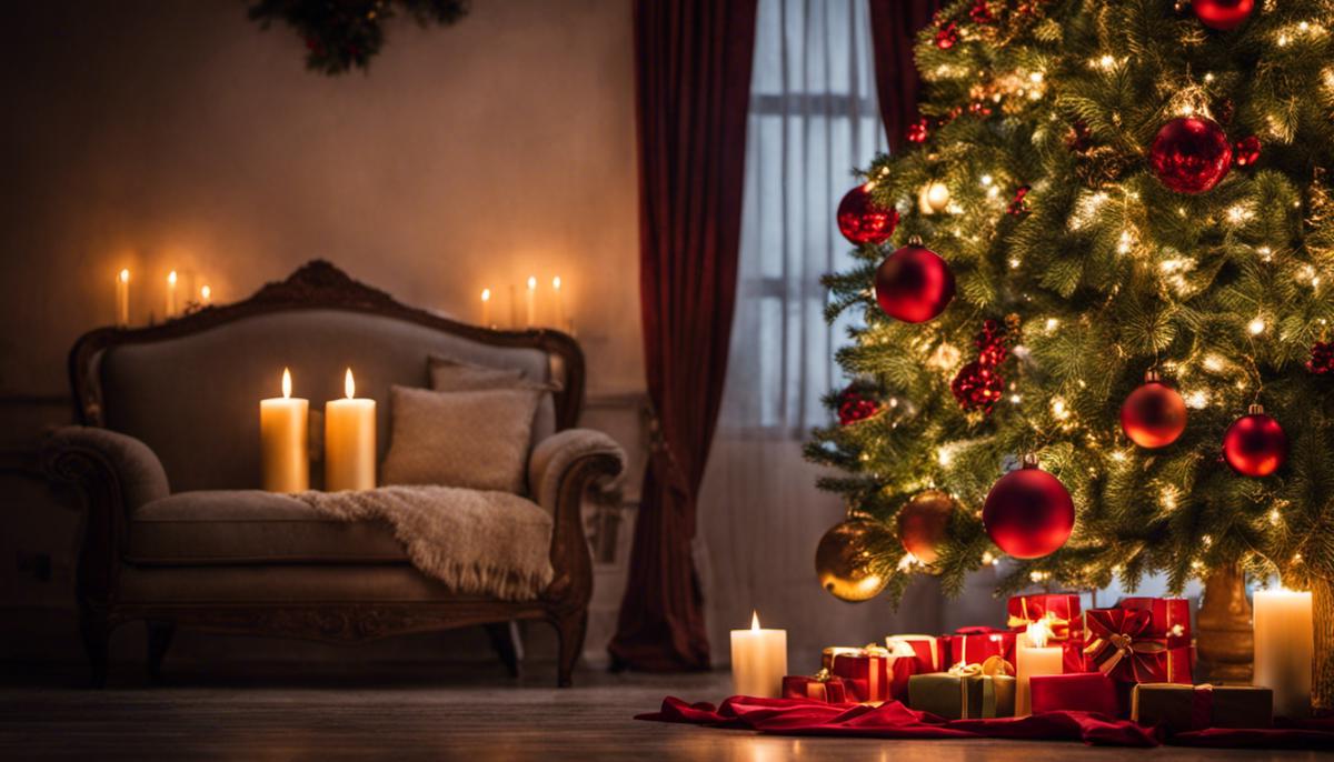 A photo of a beautifully decorated Christmas tree with candles, creating a warm and cozy atmosphere.