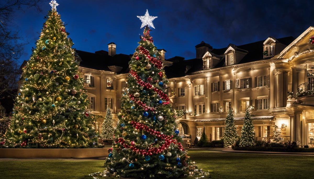 A variety of Christmas trees decorated with lights and ornaments, creating a festive atmosphere