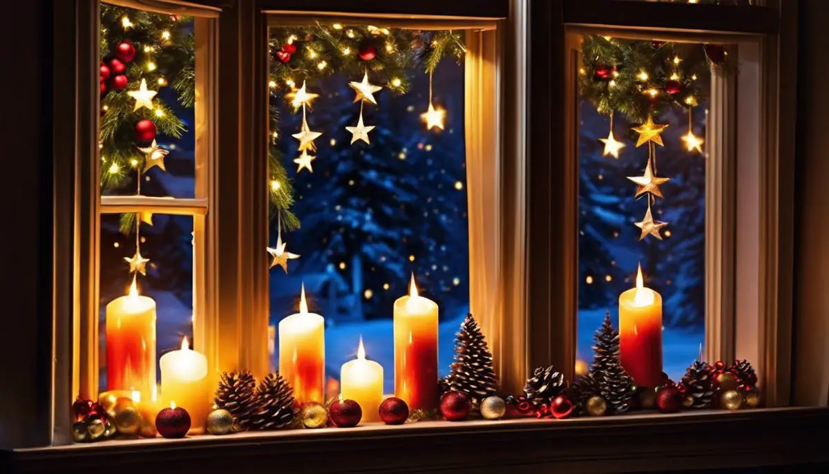 Image of beautifully decorated windows with Christmas window candles, creating a cozy and festive atmosphere.