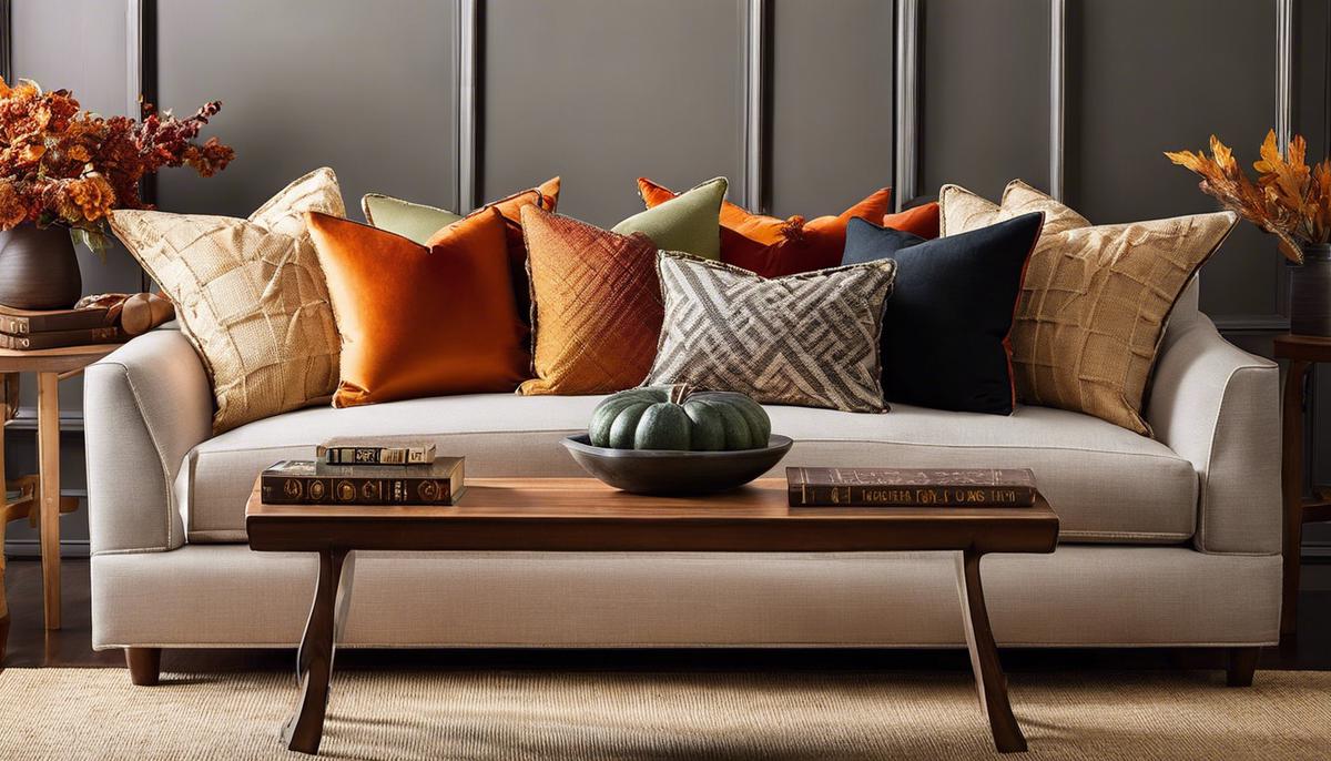 Fall-themed throw pillows arranged on a couch with warm autumn colors, creating an elegant and cozy atmosphere.