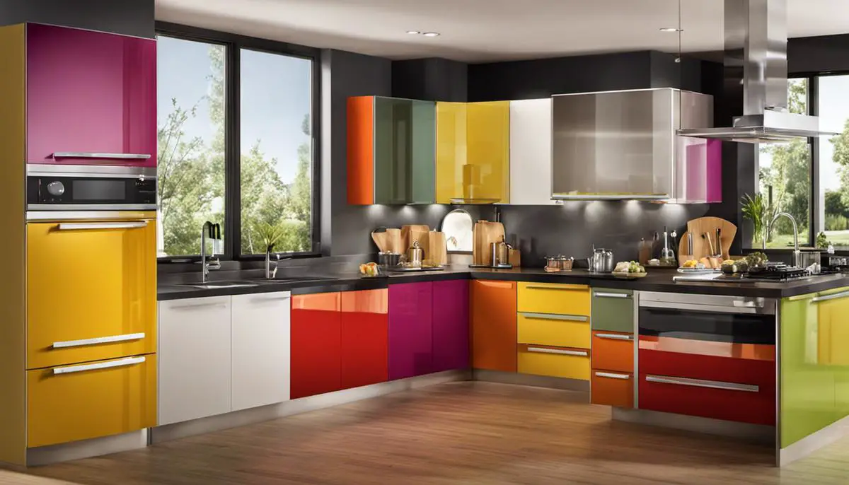 Image depicting various colorful kitchen cabinets in a modern kitchen setting.