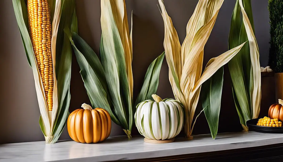 Image of a corn stalk decoration indoors and outdoors to inspire autumn home decor ideas