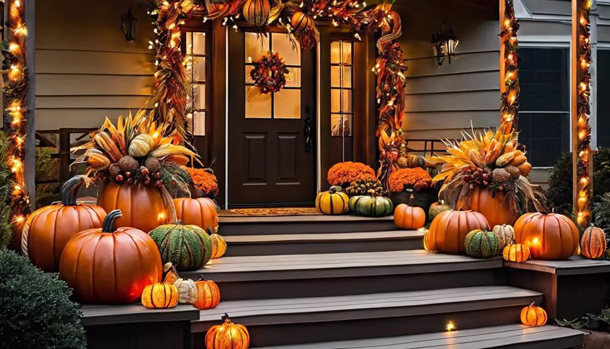 Corn stalk decor with pumpkins, gourds, and string lights. Colorful fall elements are woven in between the stalks, creating a festive display.