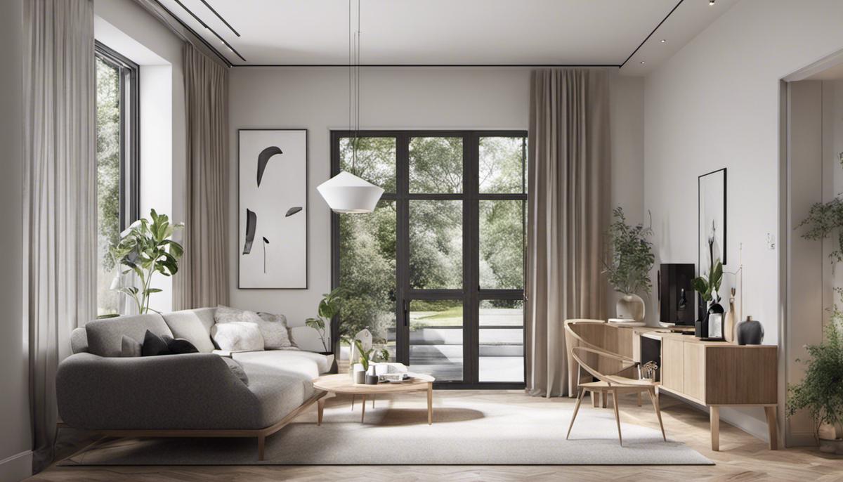 Illustration of a Scandinavian interior design showcasing minimalism and natural elements.