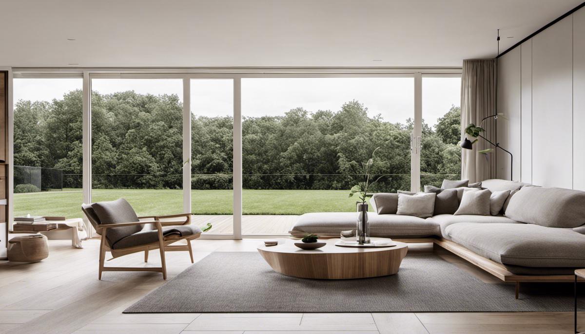 A photo of a beautifully minimalist Scandinavian living room with light woods, natural textiles, and clean lines.