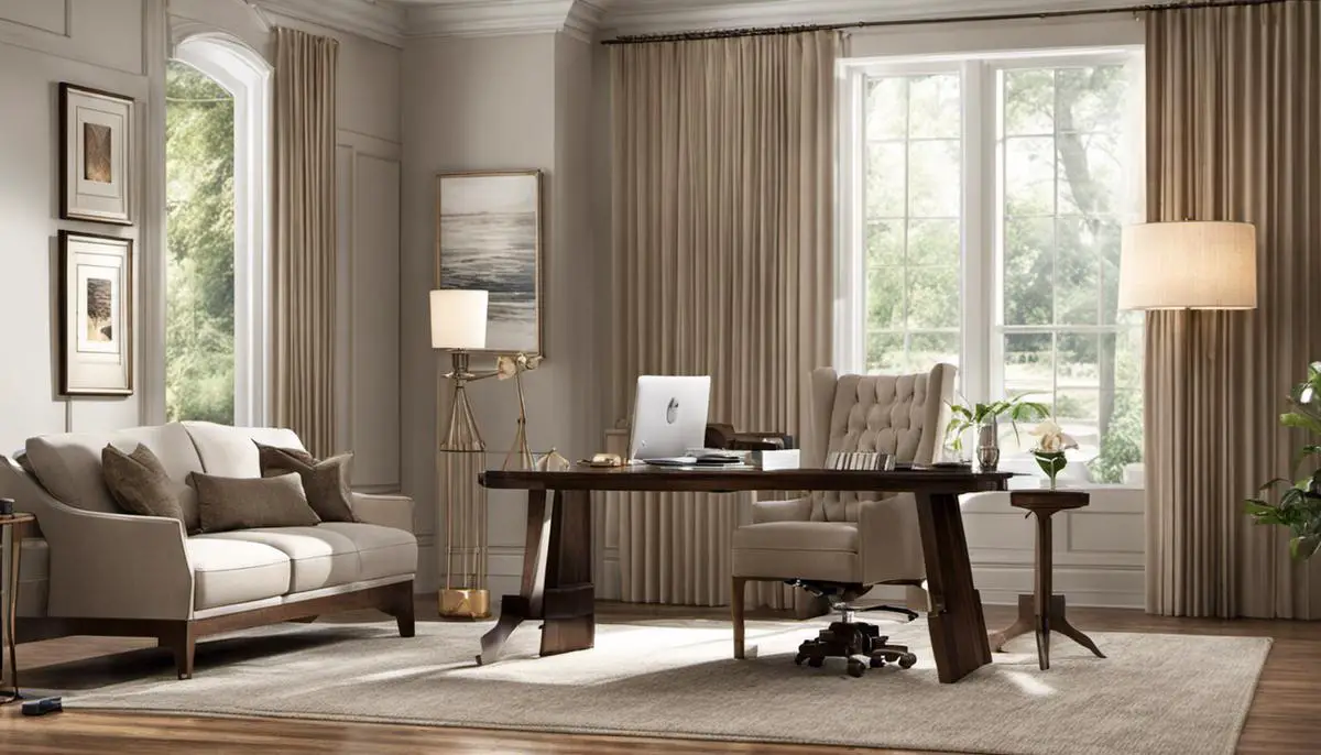 A home office with warm neutral colors and comfortable furniture for a calming and productive work environment.