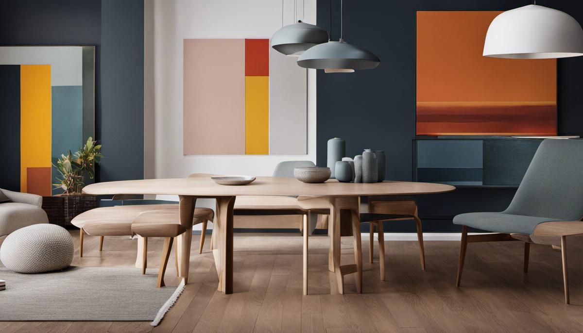 An image showing the evolution of the Scandinavian color palette, from muted tones and neutral hues to incorporating bolder and more dynamic hues, while still embodying its minimalist aesthetic.