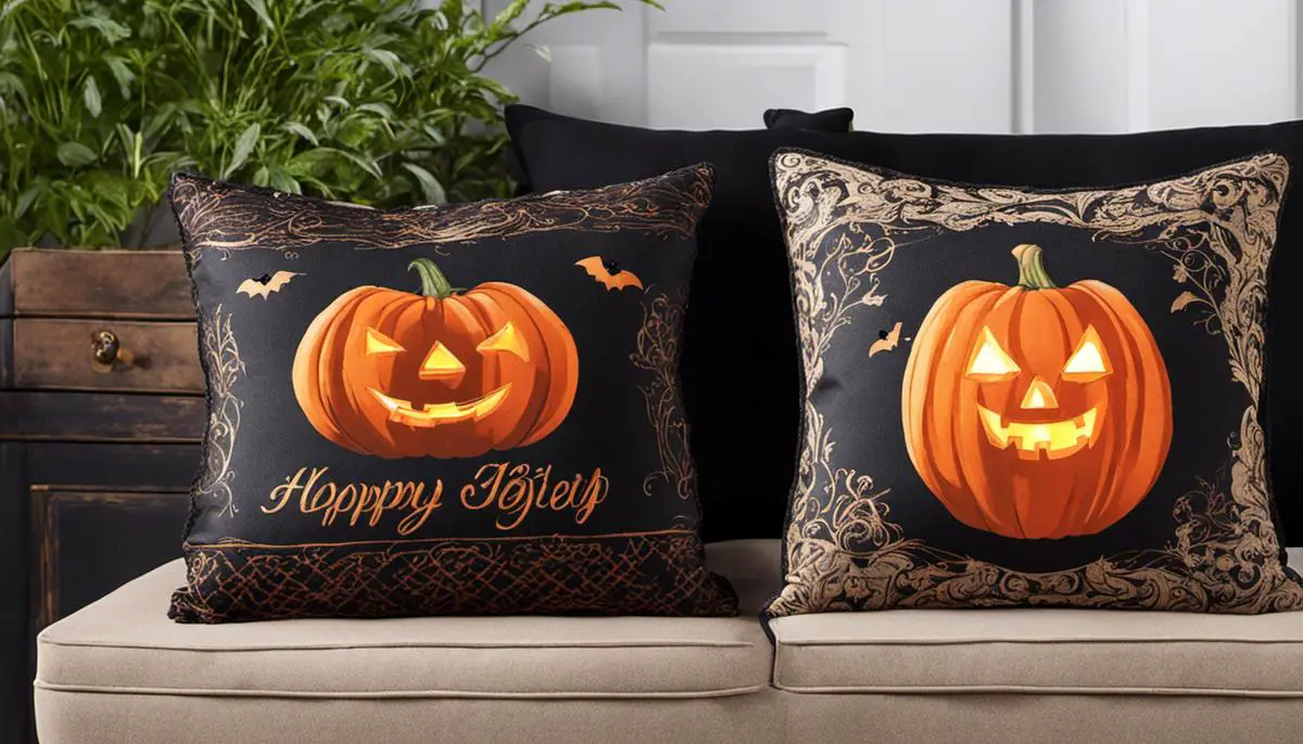 Image of various Halloween pillows decorated with spooky designs, adding a festive touch to any home during the Halloween season.