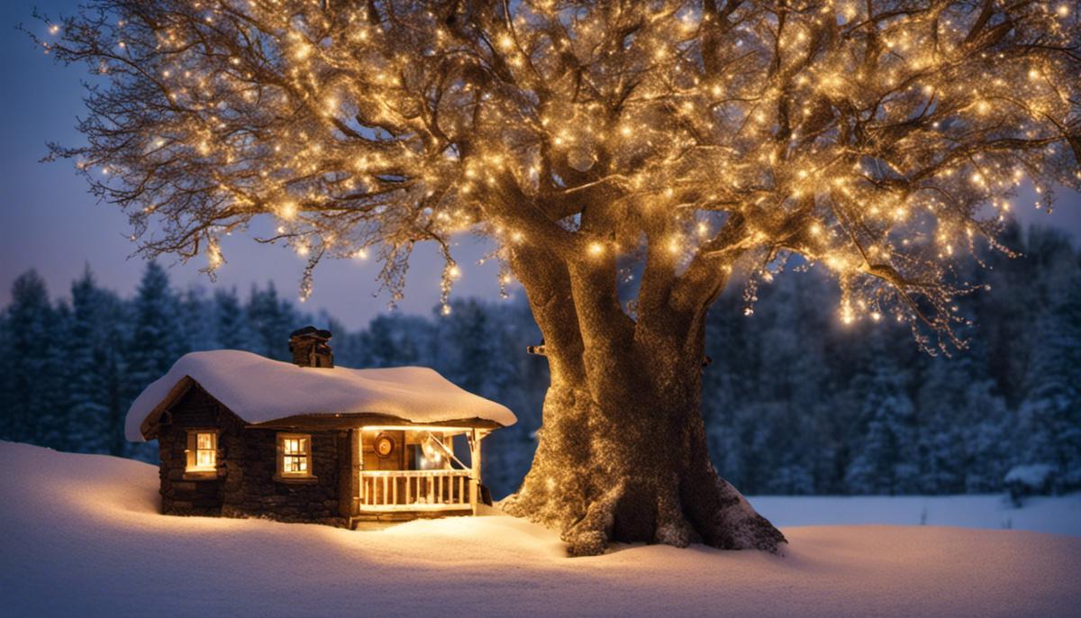 A beautiful fairy light tree, illuminating a cozy winter scene.
