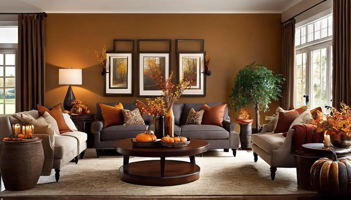 A cozy living room with fall decor, featuring throw pillows in warm autumn colors.