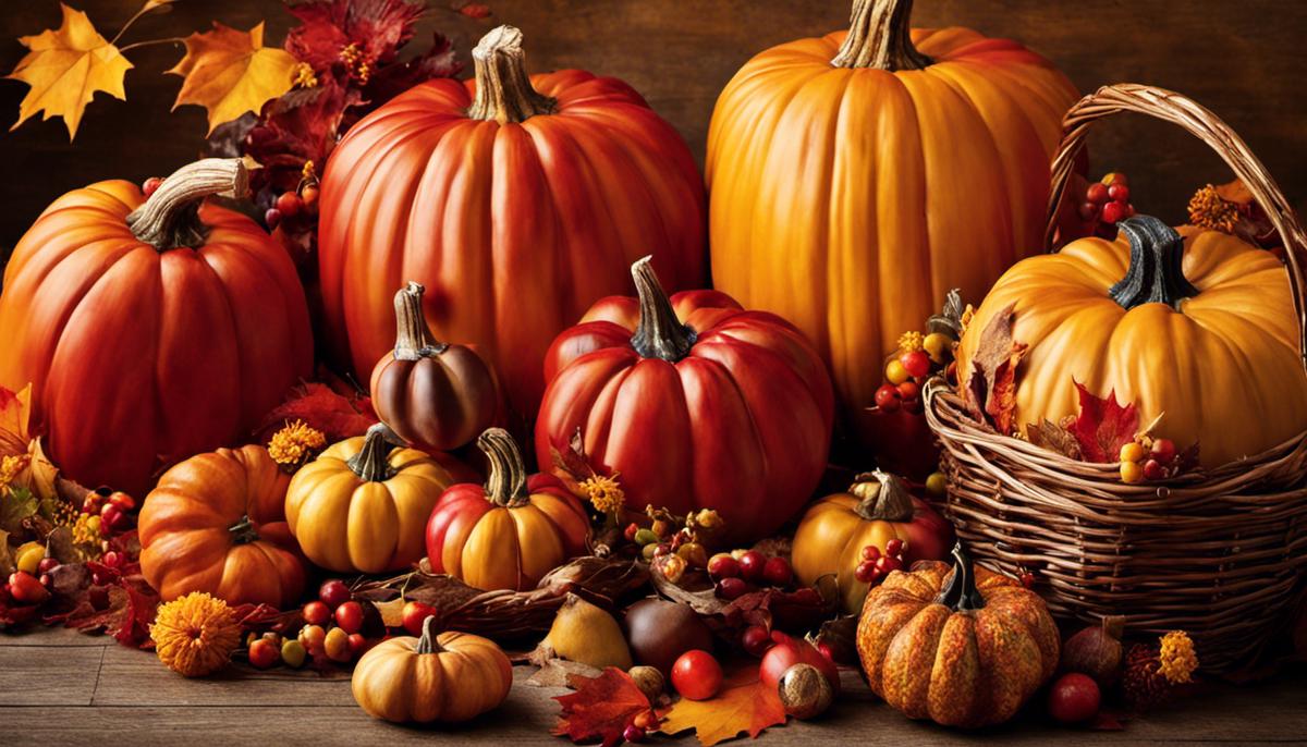 A picture of beautifully arranged fall decorations in warm shades of orange, red, yellow, and brown.
