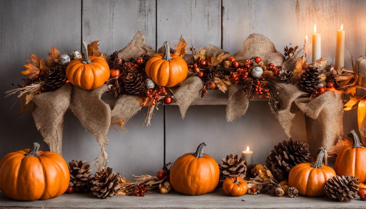 Image of a Fall Garland with dried leaves, pinecones, miniature pumpkins, dried orange slices, dried flowers, grains, seeds, twigs, burlap ribbons, and fairy lights, depicting the essence of the Fall season.