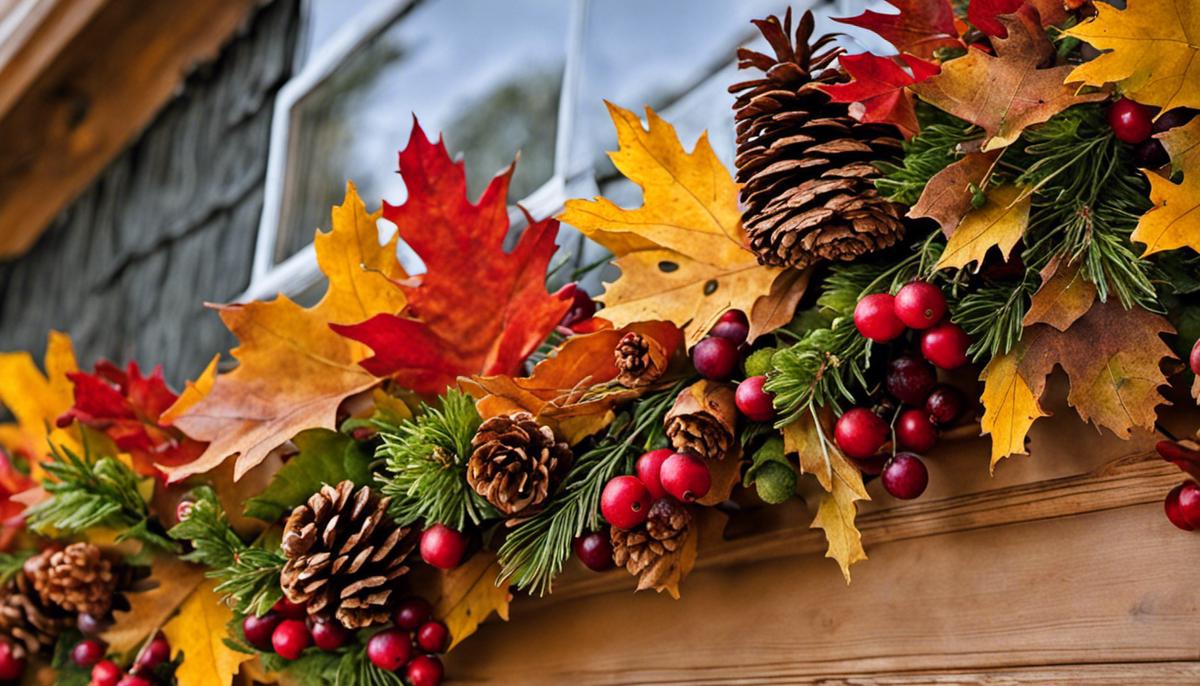 A close-up image of a well-preserved fall garland with colorful leaves, pinecones, and berries, showcasing the beauty of autumn decorations.