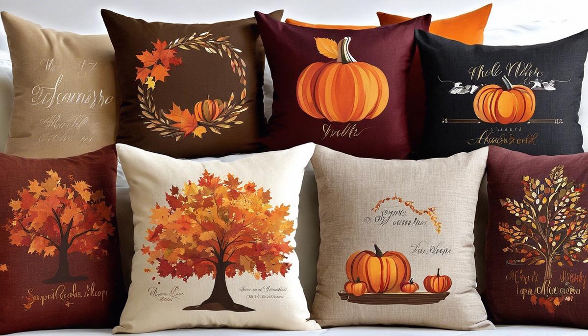 A variety of fall pillow covers featuring warm autumn colors and seasonal motifs.