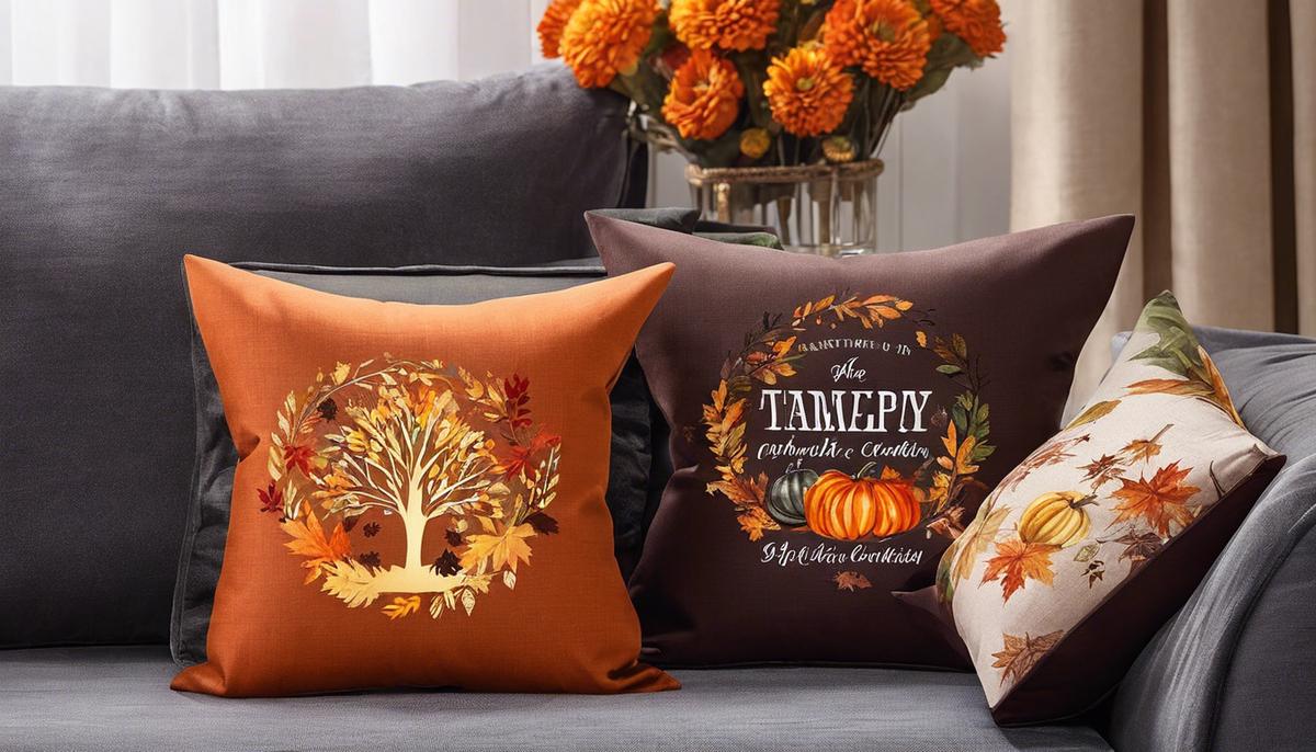 Fall-themed pillow covers displayed on a couch. They feature autumn colors and designs like leaves and pumpkins.