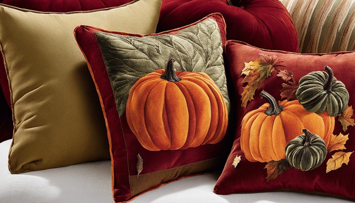 Fall-themed pillows in rich autumn hues, featuring patterns such as leaves and pumpkins, made of cotton, velvet, flannel, and burlap materials, adding a touch of warmth and style to your fall décor.