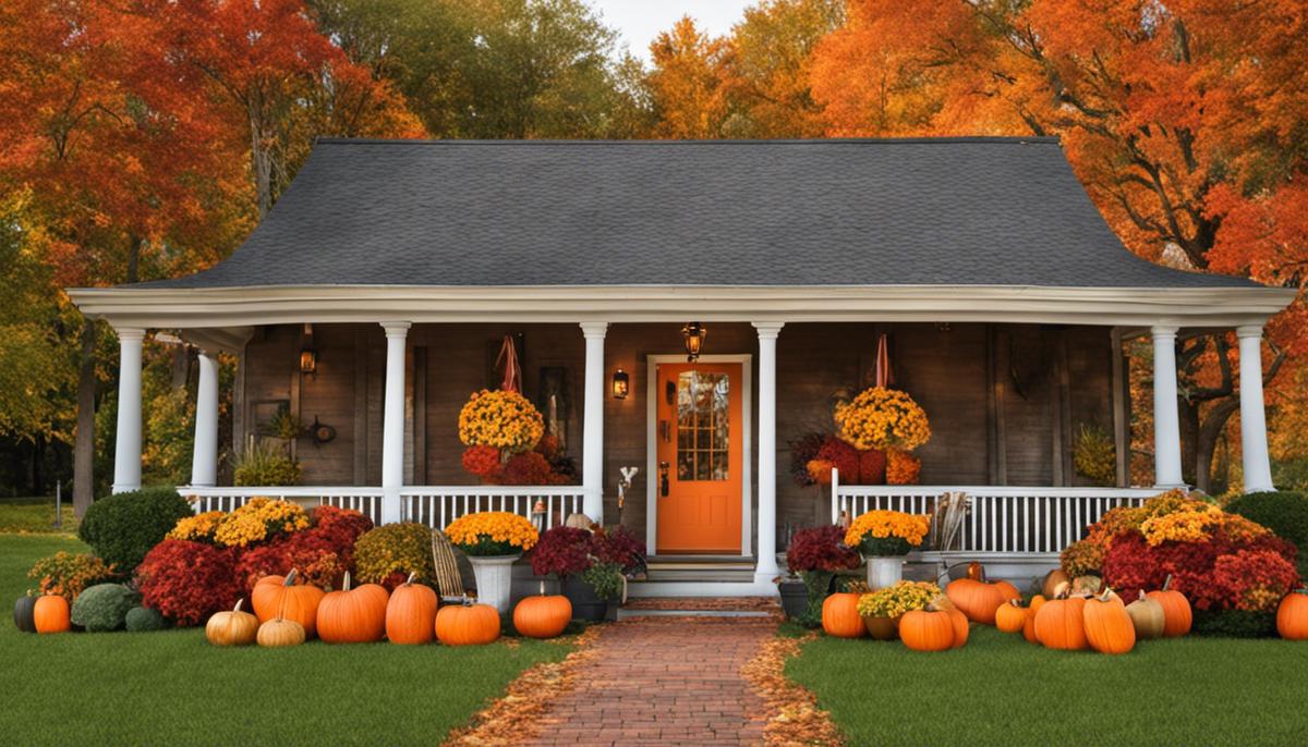 A charming fall porch adorned with pumpkins, hay bales, and colorful autumn leaves.