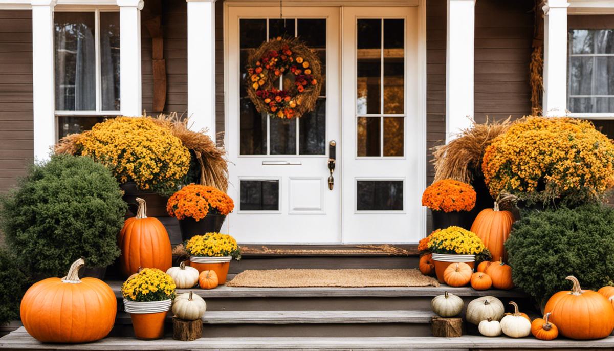 Image of a cozy fall porch decorated with pumpkins, flowers, hay bales, and warm-toned textiles.