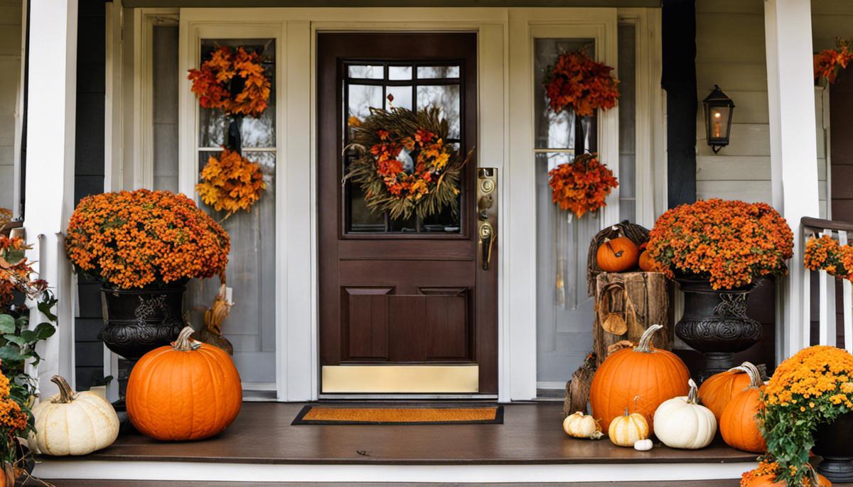 Fall porch decor featuring pumpkins, gourds, and autumn leaves on a cozy porch