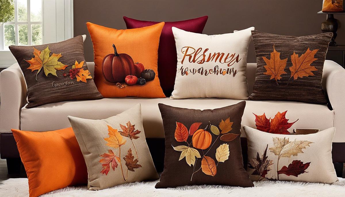 A variety of fall-themed throw pillows in different shapes and sizes, showcasing the colors and designs suitable for the autumn season.