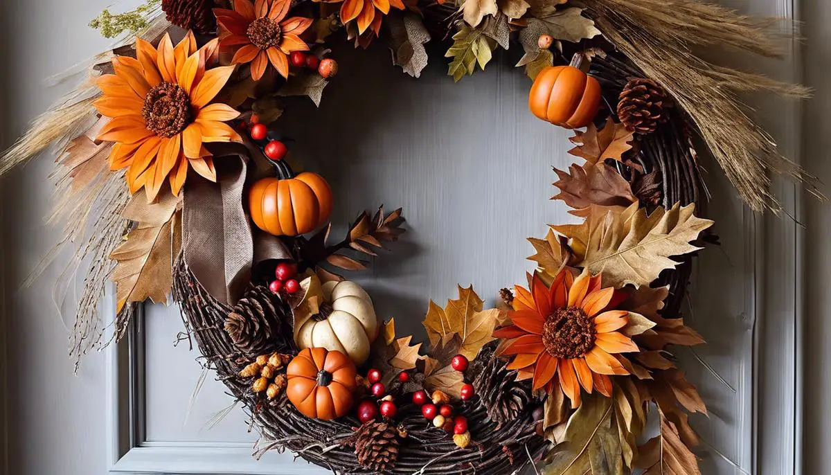 Image of various fall-themed wall decor items, including a wreath and a wall hanging made of wood with dried flowers and leaves.