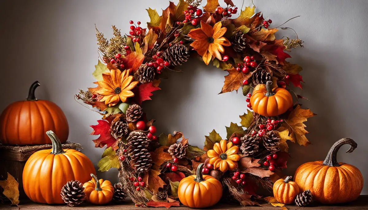 A beautifully crafted fall wreath with vibrant autumn colors and various decorative items such as leaves, pumpkins, acorns, and berries. It serves as a festive and welcoming decoration for the fall season.