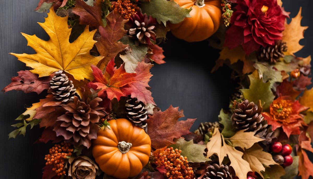 A close-up of a fall wreath with vibrant autumn colors and decorative elements.