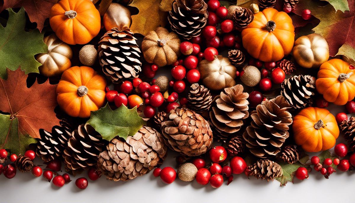 Picture of various fall wreath materials like pine cones, acorns, and leaves