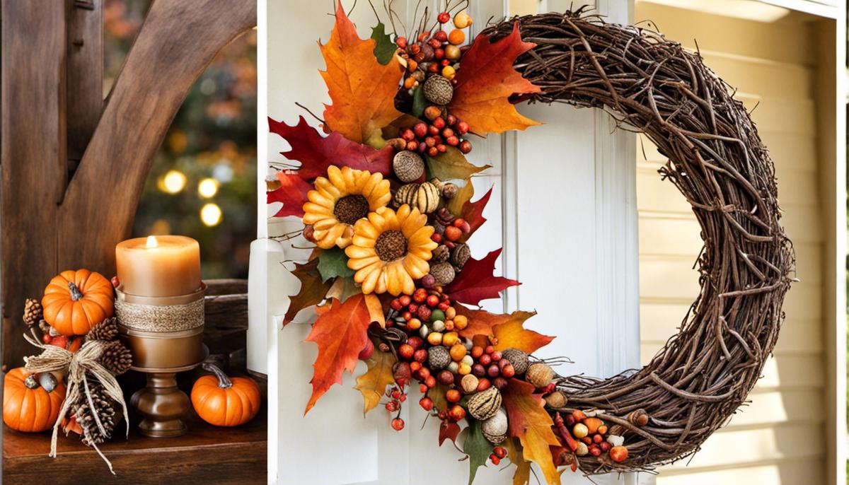 A festive fall wreath adorned with colorful leaves, acorns, and mini pumpkins