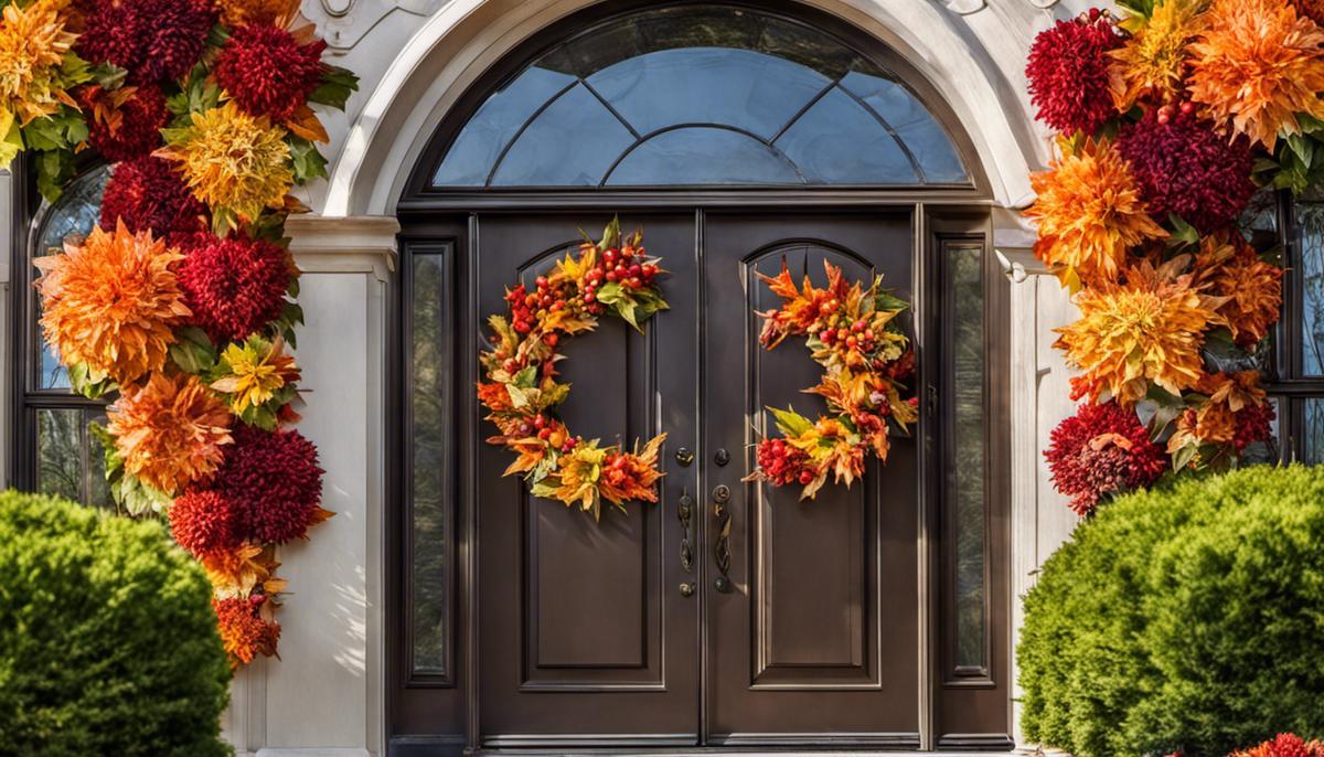 A beautiful fall wreath hanging on a front door, showcasing vibrant autumnal colors and natural elements like leaves and berries.