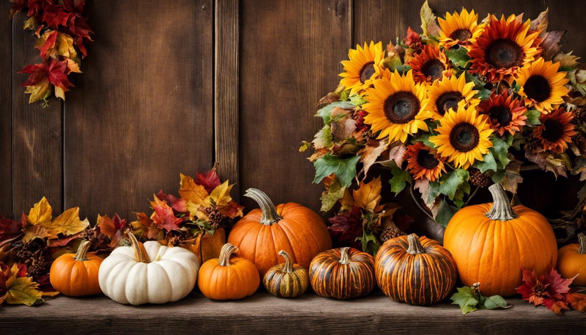 A close-up image of a fall wreath with colorful autumn foliage, sunflowers, and pumpkins, representing the beauty of the fall season.