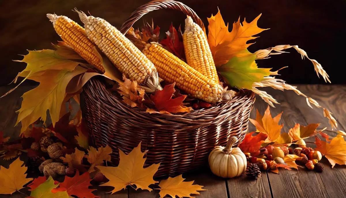 A basket filled with dried corn stalks and autumn leaves, representing the process of finding high-quality corn stalks for seasonal decorations.