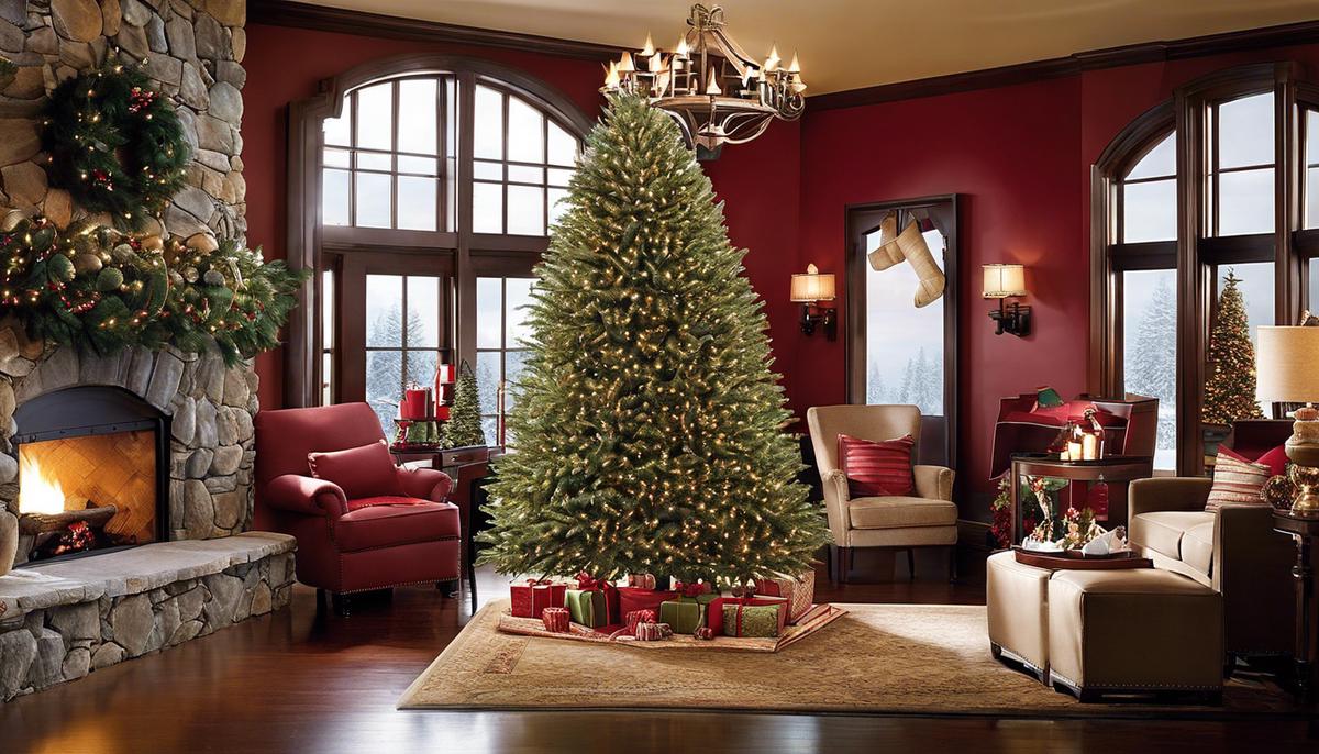 A high-quality artificial Christmas tree with elegant decorations, reflecting Frontgate's commitment to quality and sustainability.