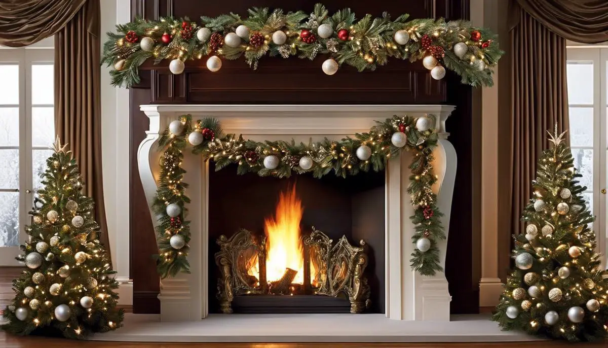 An image of a beautifully decorated garland draped over a fireplace mantel